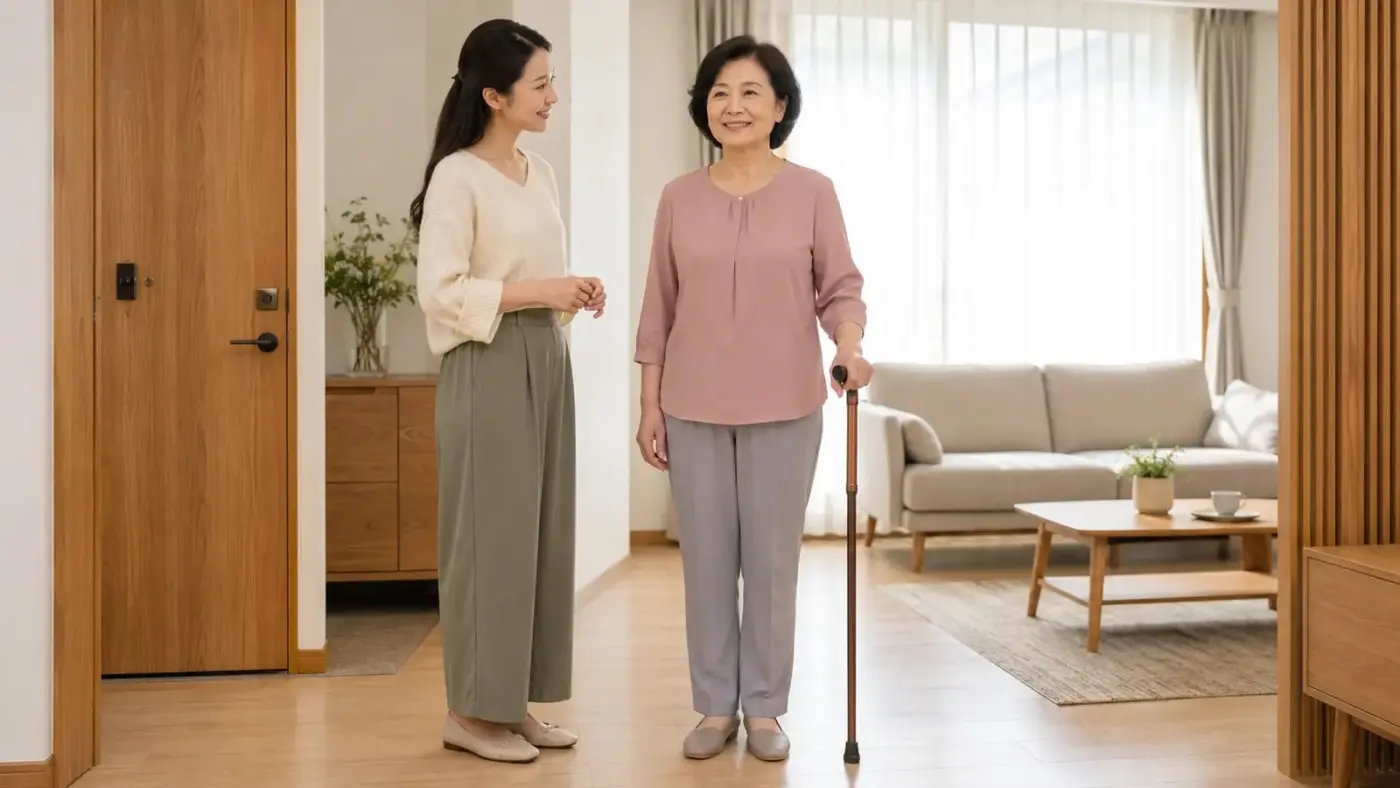 女兒陪伴母親在家中練習以左手正確握持手杖