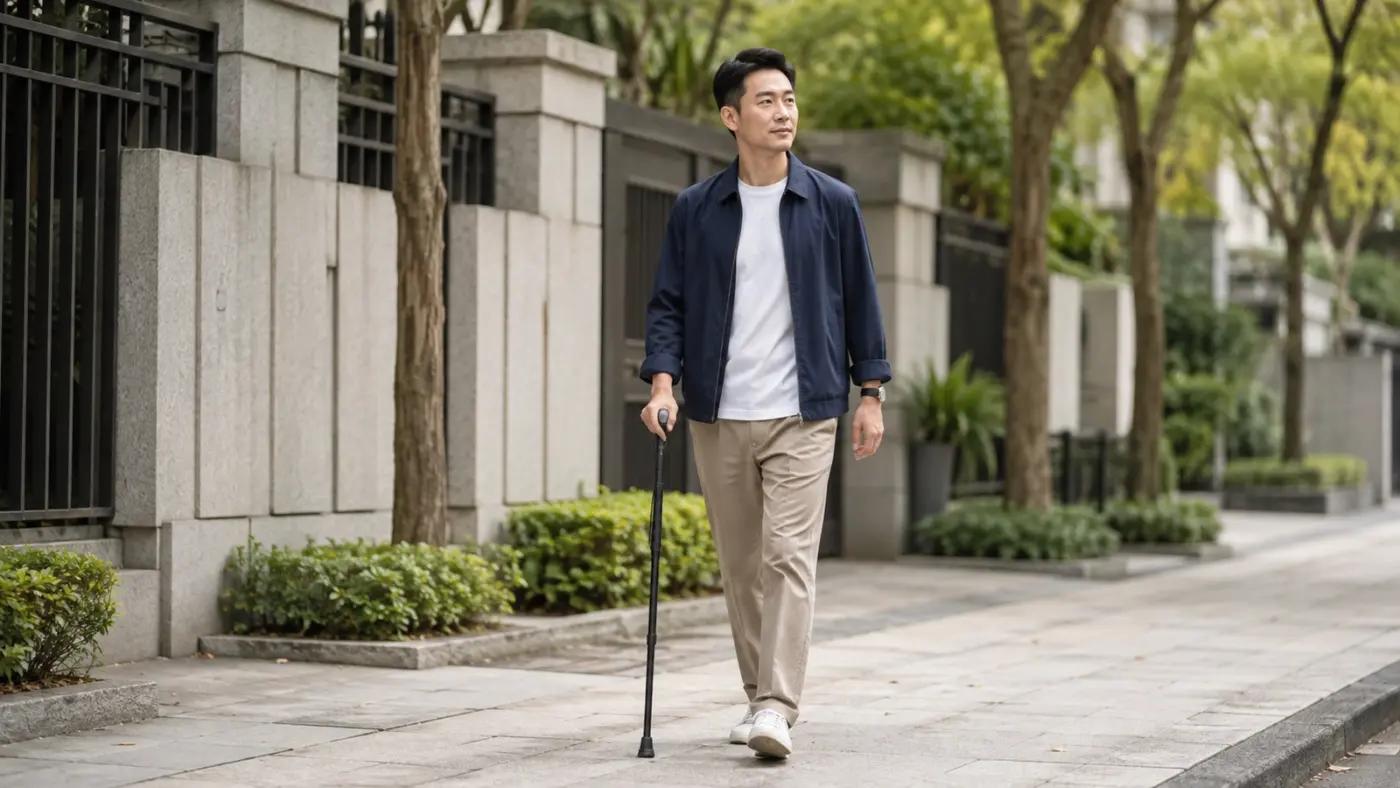 如何在公共場合自信地使用拐杖 成年男性在住家附近安靜街道練習使用手杖外出