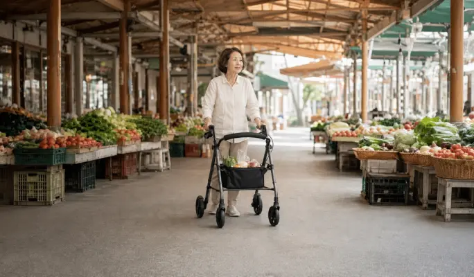 高齡女性使用四輪助行車在市場購物並將輕量物品放入置物空間