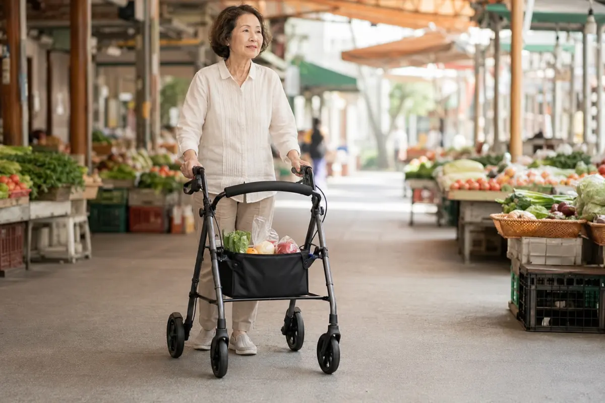 了解助行車的好處:適合哪些人?使用前要注意什麼? 高齡女性使用四輪助行車在市場購物並將輕量物品放入置物空間