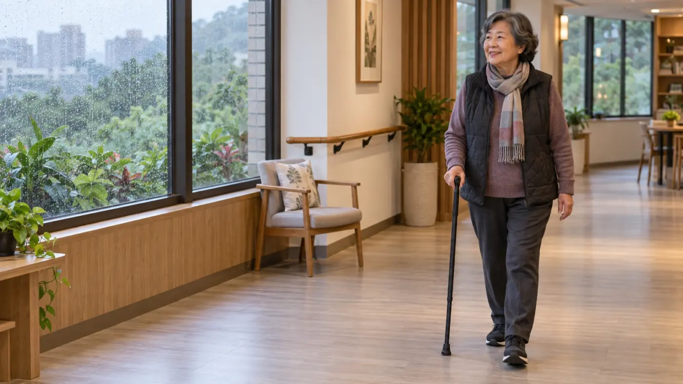寒流長輩外出散步 寒流期間女性長者在明亮室內維持日常活動