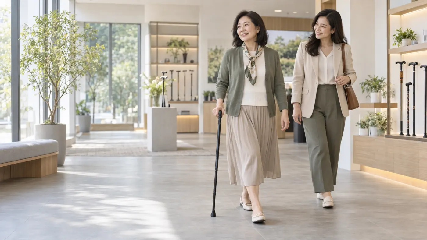 拐杖重量與穩定感 熟齡女性在平坦地面試用拐杖並感受重量與重心