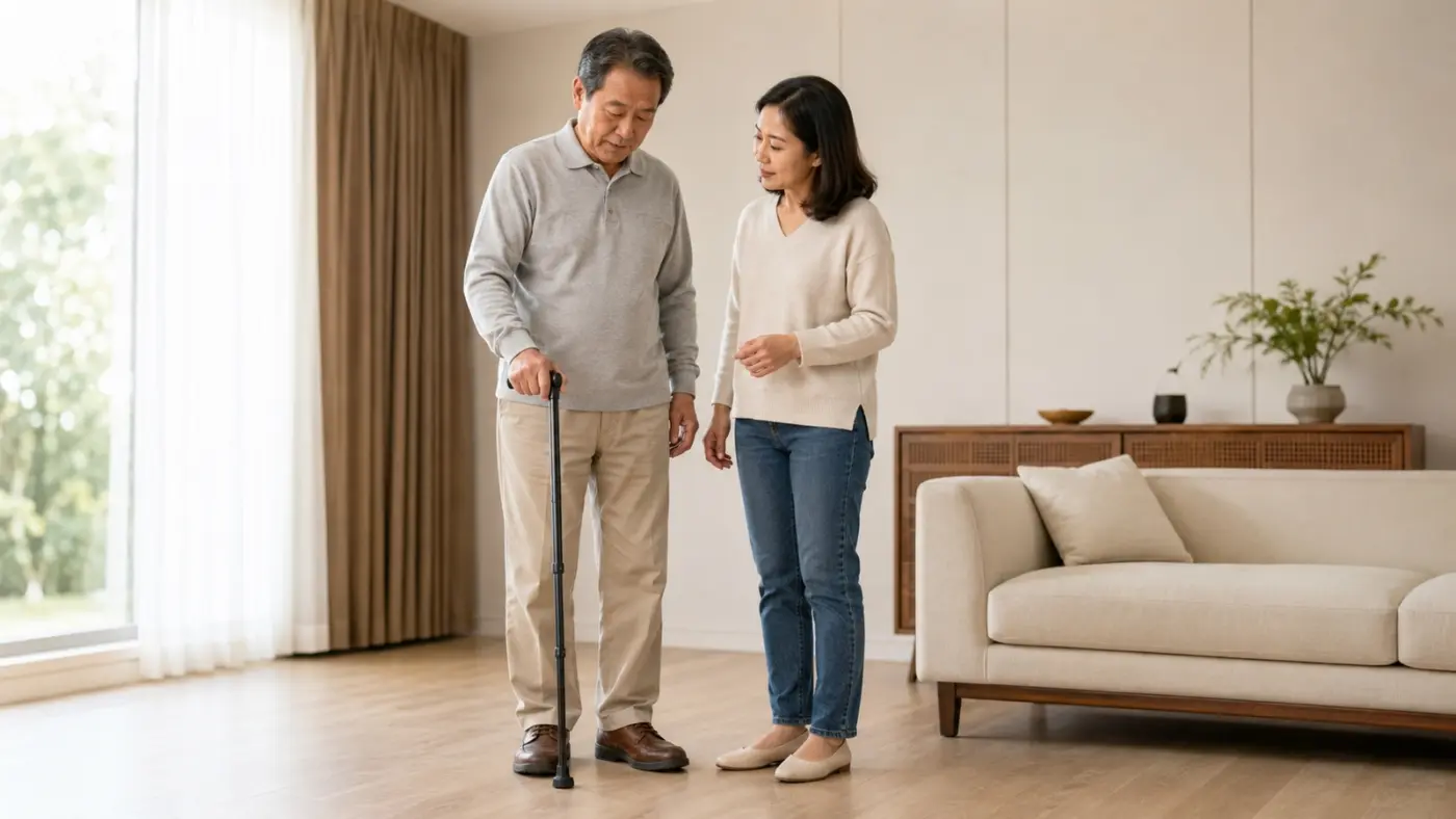 過年送長輩拐杖 父親穿著平常鞋子試握可調式手杖並確認高度