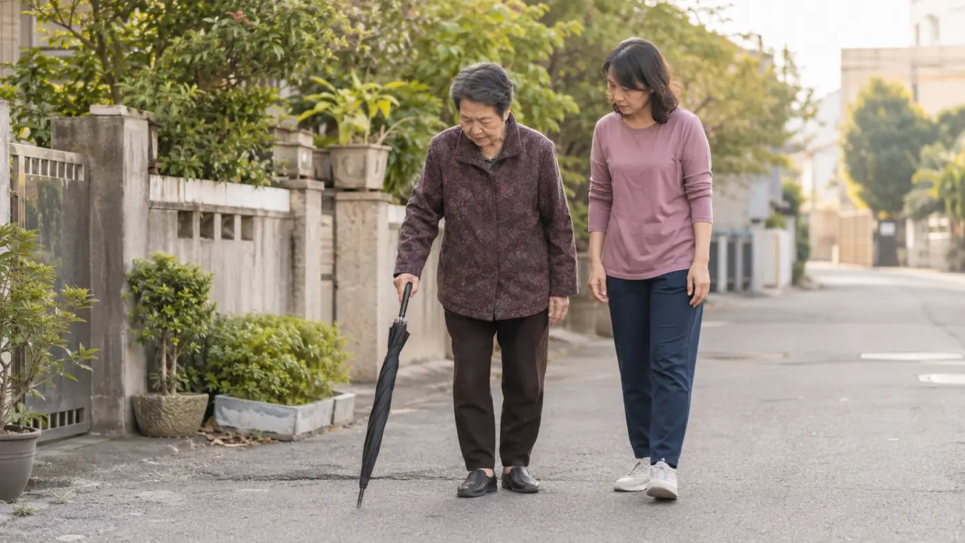 熟齡長輩在住家附近以長柄雨傘支撐行走，家人在旁觀察行走狀況