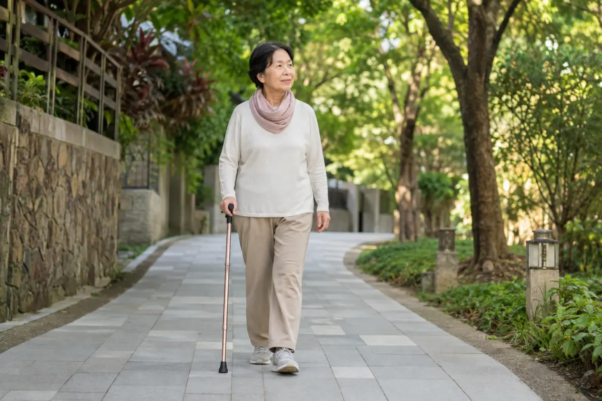 高齡者在戶外步道正確使用手杖，維持安全自主行動