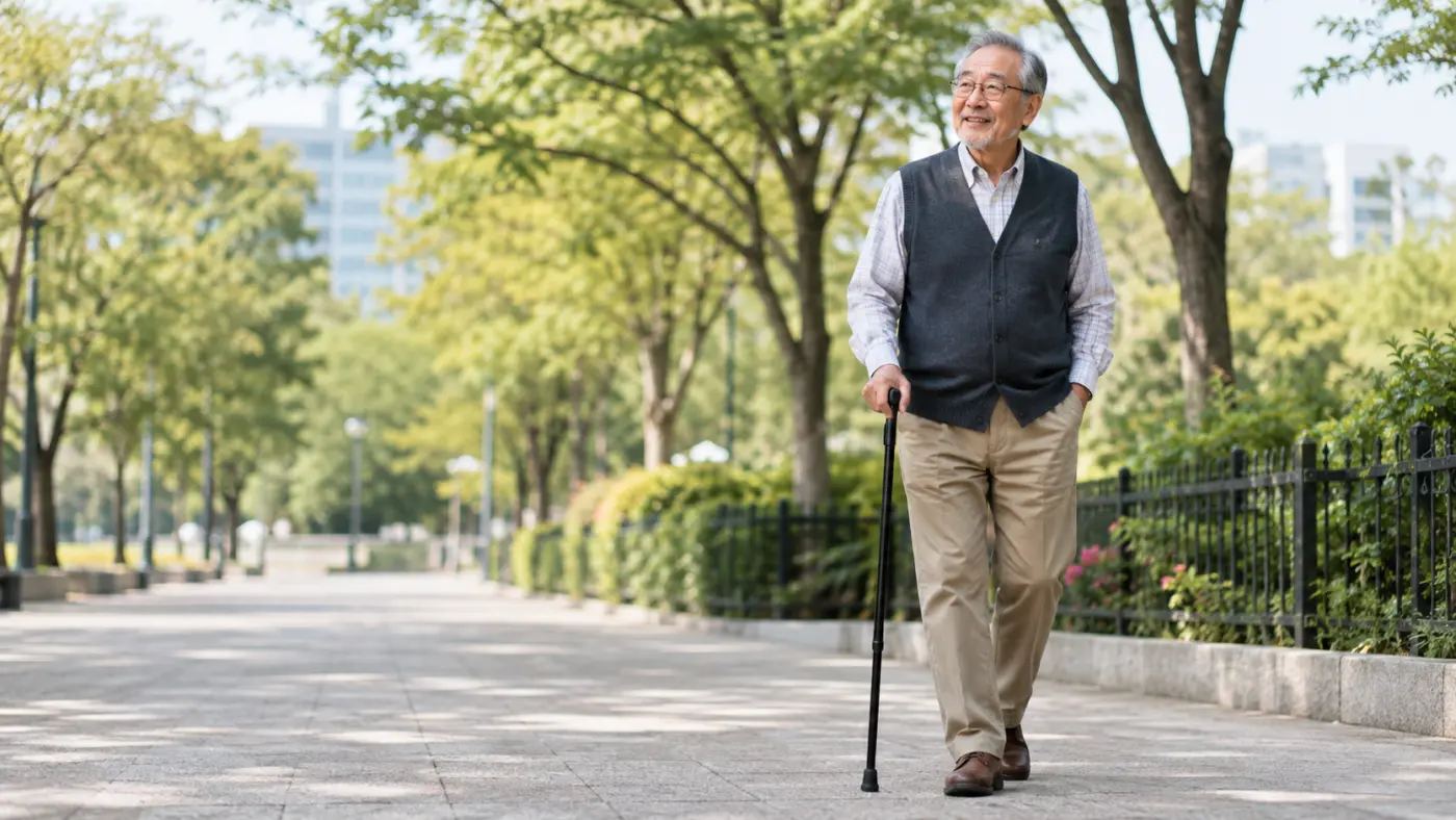 手杖怎麼選? 銀髮長者在戶外公園使用手杖散步,示範日常行走輔助