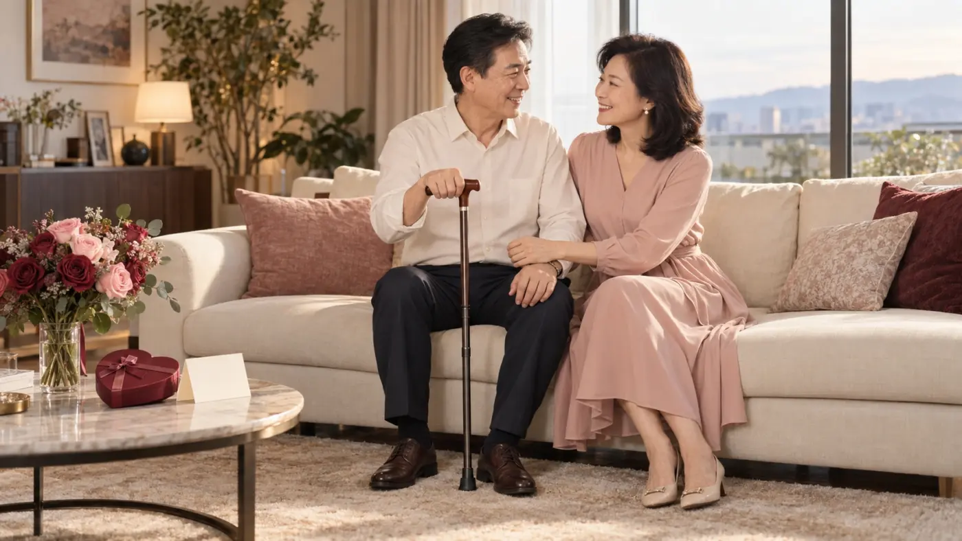 情人節送拐杖 中高齡夫妻在家相視微笑,男士握著拐杖,桌上擺放玫瑰與情人節愛心禮盒