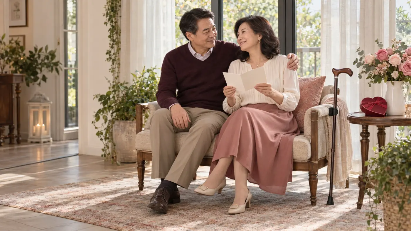 情人節送拐杖 林淑雲女士閱讀情人節卡片,伴侶溫柔陪在身旁,手杖穩妥放在座椅旁