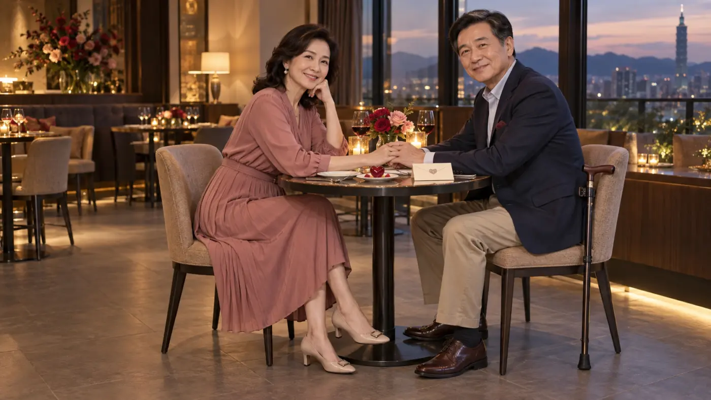 情人節送拐杖 夫妻在情人節晚餐時牽手,桌上擺放玫瑰與愛心甜點,手杖置於椅側