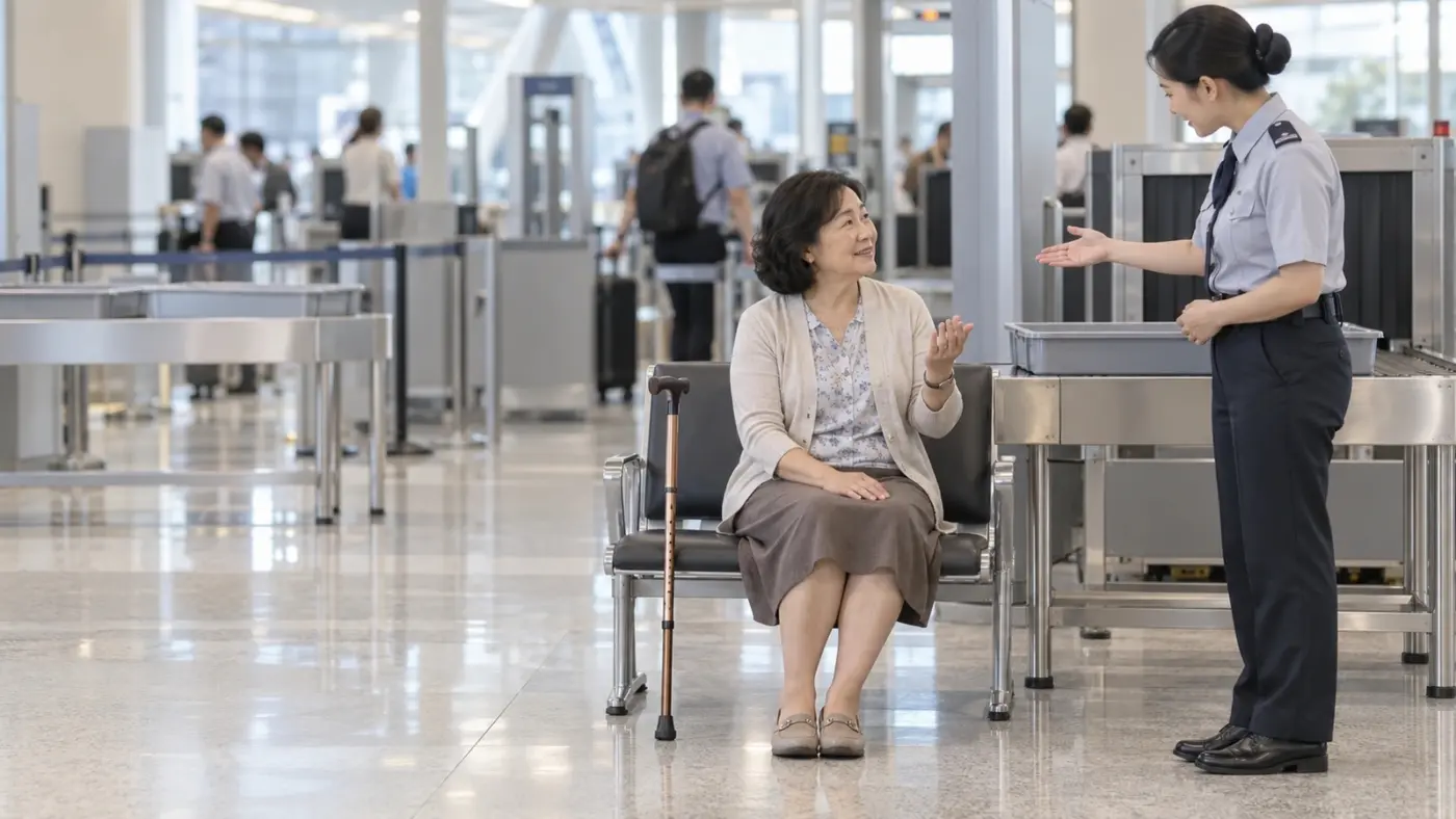 拐杖搭飛機指南 手杖使用者坐在機場座椅上向安檢人員吳佳玲說明移動需求