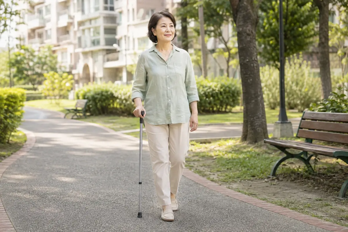 手杖有哪些種類? 約60歲女士在公園正確使用可調高度單點手杖,呈現日常手杖種類