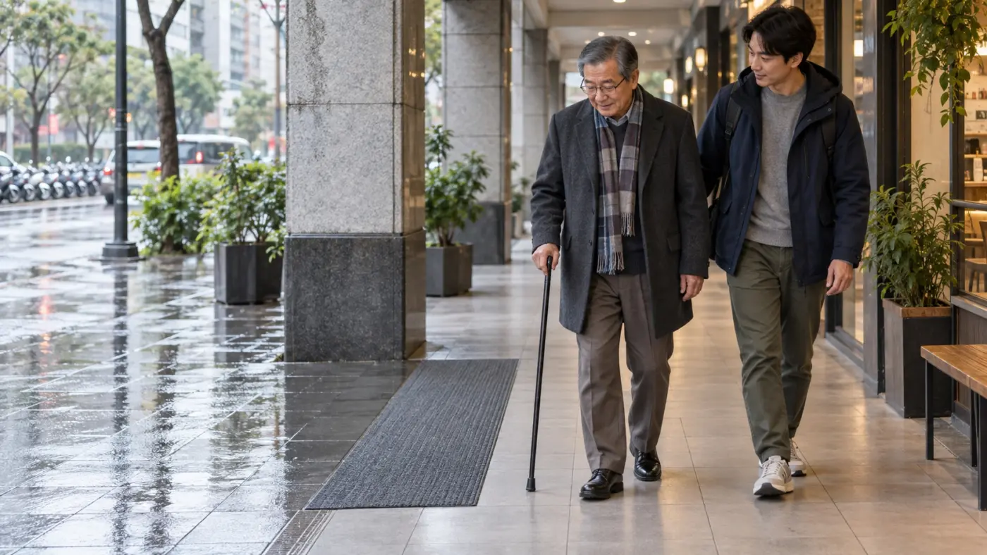 寒流長輩外出散步 雨後台灣騎樓濕滑磁磚與長者拐杖行走情境