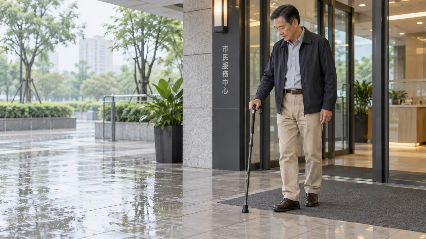 不同路面會怎麼影響拐杖? 熟齡男性在雨後建築入口確認拐杖杖尖與濕磁磚接觸位置