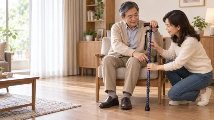 女兒陪父親在家中檢查日常使用的拐杖狀況