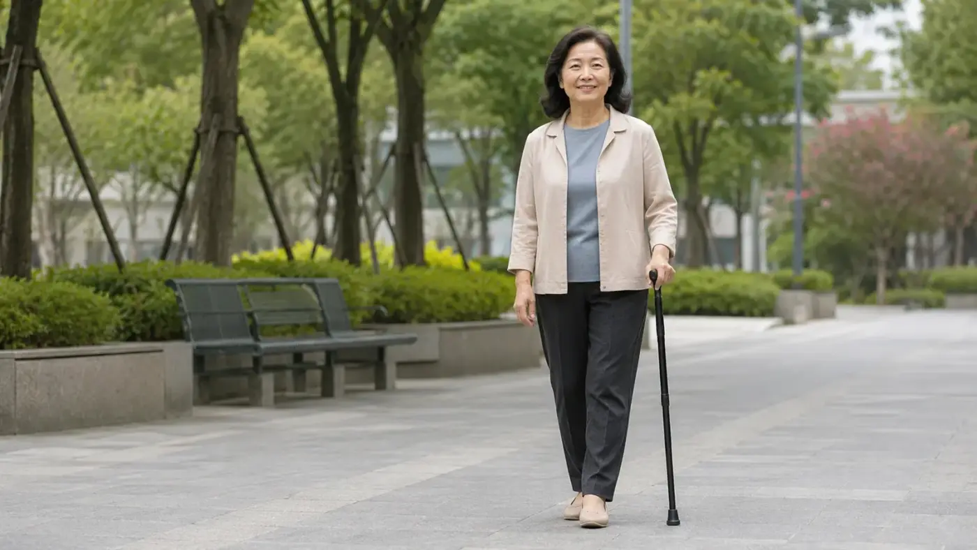 右腳需要支撐的熟齡女性以左手持手杖在公園步道行走