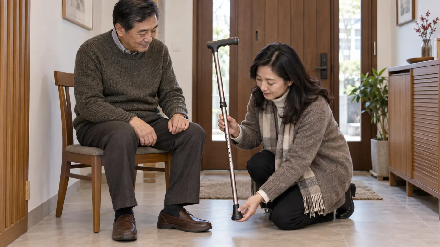冬天使用拐杖 家人陪同長輩在冬季外出前檢查拐杖握把與橡膠腳墊