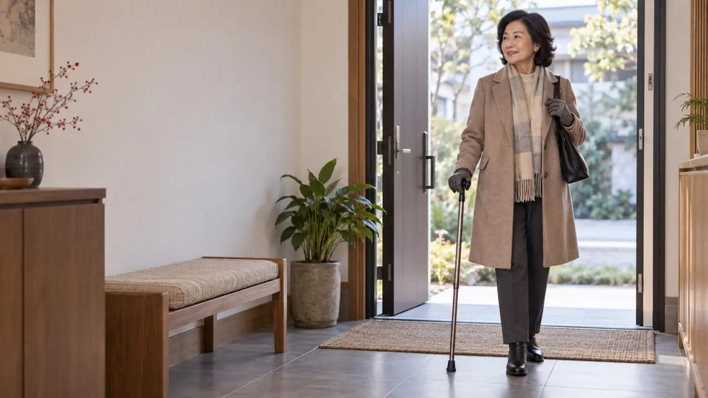 冬天使用拐杖 冬季外出前戴著防滑手套握住拐杖的熟齡女性