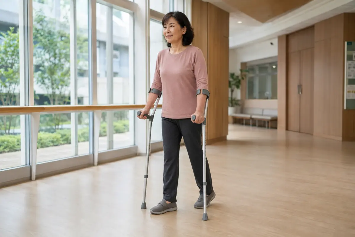 拐杖是什麼? 女性在平坦室內空間使用一對前臂拐杖行走