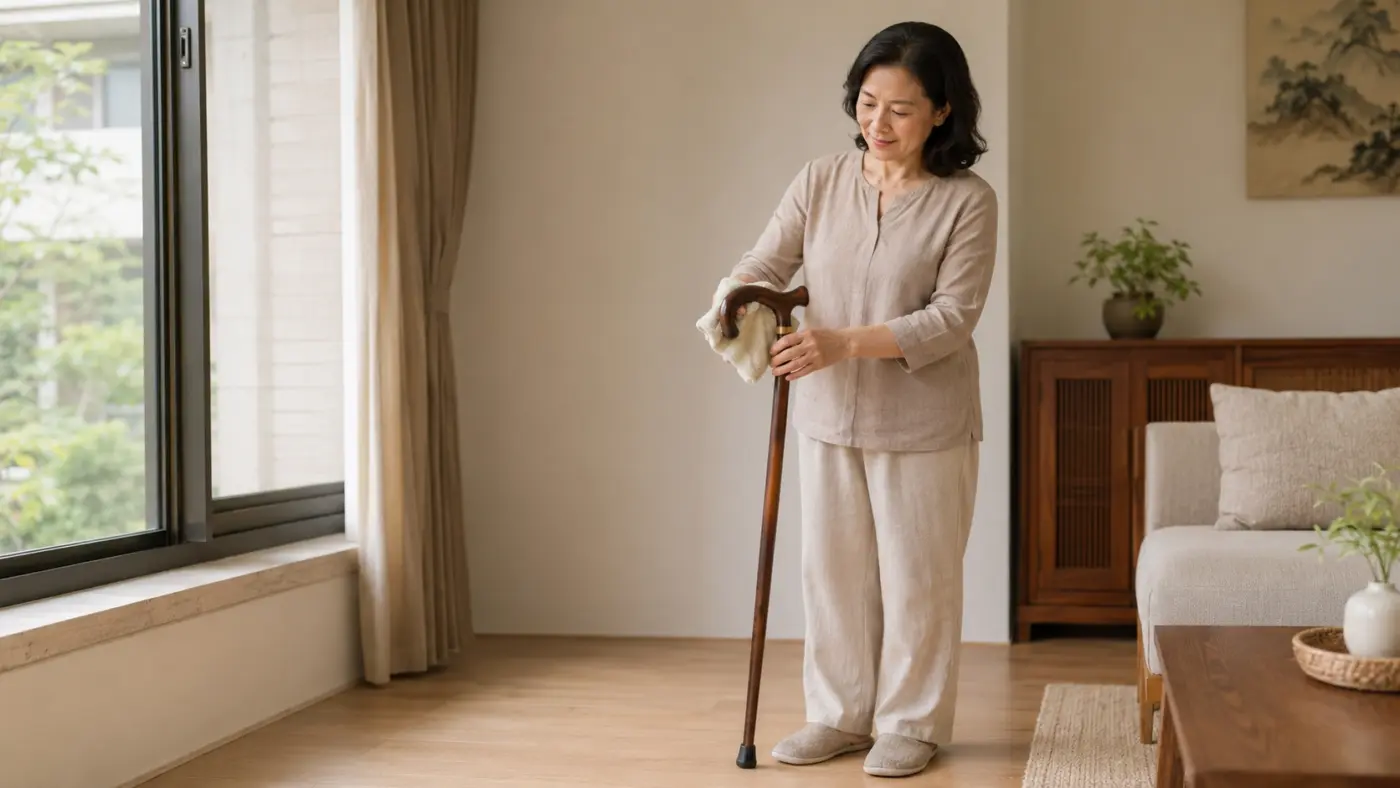 女士在明亮居家空間以柔軟布料清潔木製拐杖