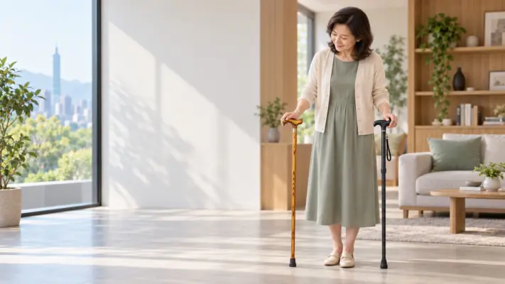 熟齡女性在居家空間比較木製手杖與黑色碳纖維手杖的握持感
