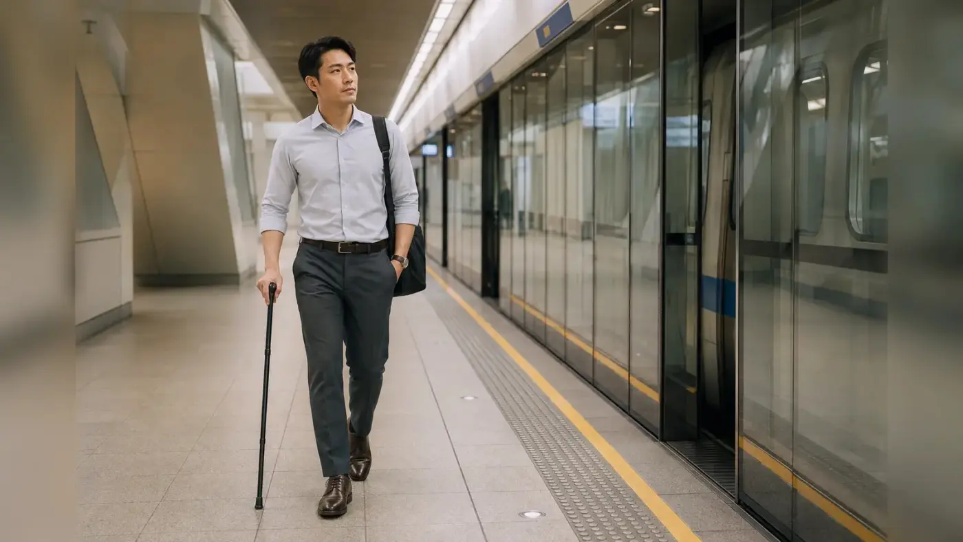 年輕男性在台灣捷運站使用手杖通勤，呈現行動輔具不受年齡限制