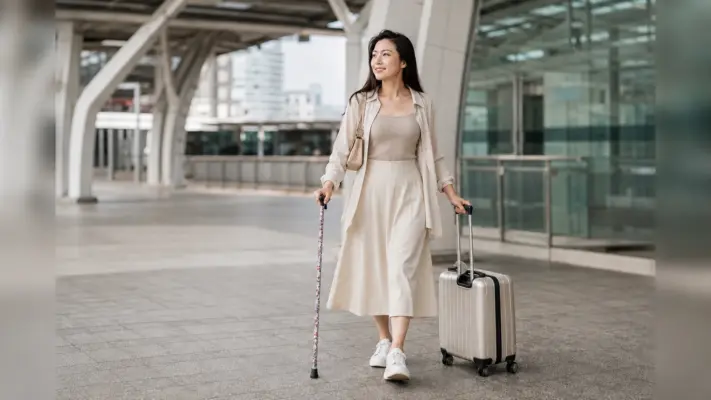 年輕女性穿著優雅中長裙，在台灣車站使用花色淑女手杖準備旅行