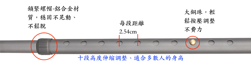 老人拐杖 | 人體工學實木細頸握把 | 專利腳墊 | 磨砂霧咖啡棕【1021.035.BRN】 拐杖十段高度說明圖